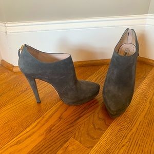 Miu Miu gray suede booties with gold zipper